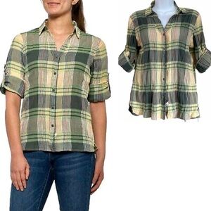 WOOLRICH Plaid Gray Yellow Cotton Shirt Small Convertible Roll-up Sleeve